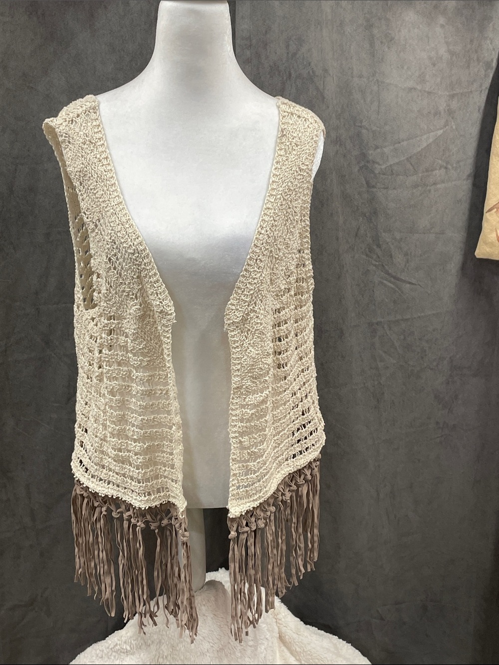 Origami-Fringed Crochet Vest in Cream - Boho Open Front
